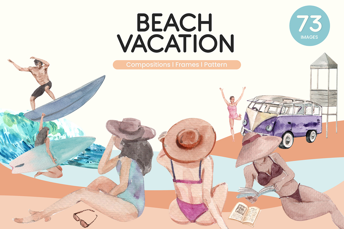 Beach Vacation in Summer Watercolor Set Illustration
