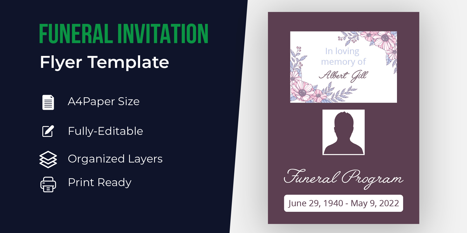 Floral Memorial  & Funeral Invitation Flyer Template Design