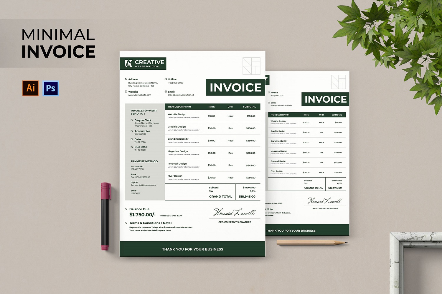 Minimal Green Invoice Corporate identity template
