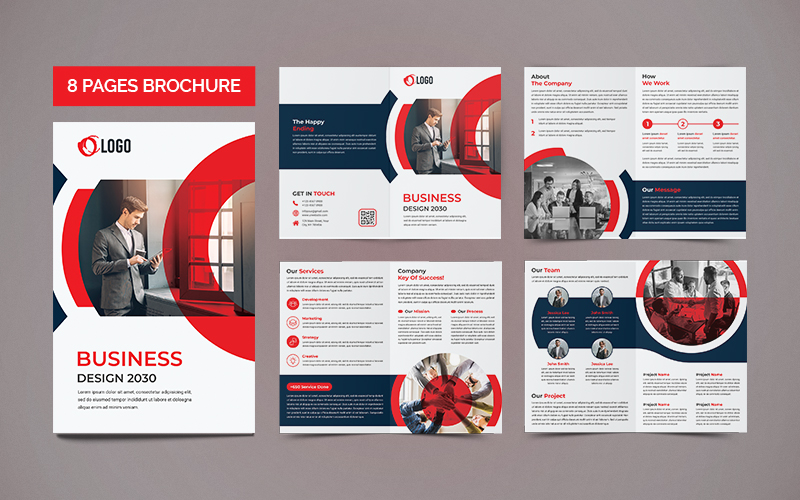 8 Page Creative and Modern Brochure Design Template With Circles - Blue and White Design with Red Overlay Accent