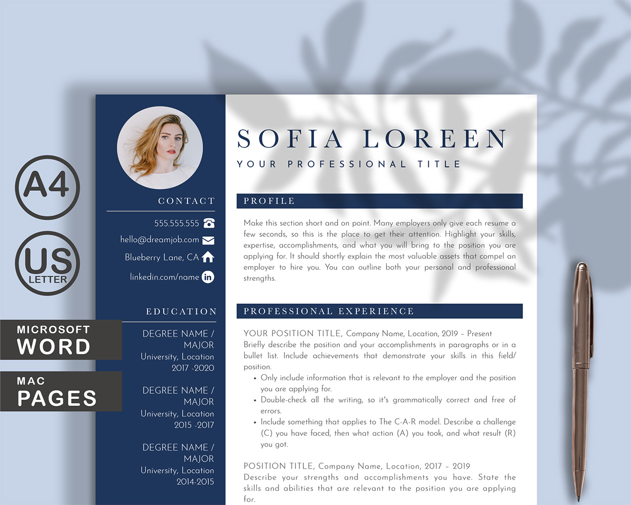 Editable Resume Template, Resume Template Word & Pages, Resume with Photo