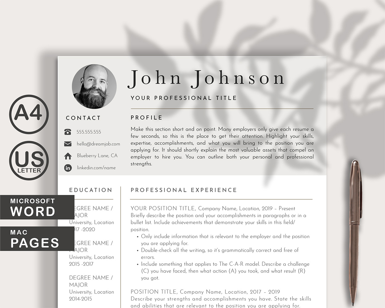 Modern Resume CV Template with Photo for WORDS and PAGES