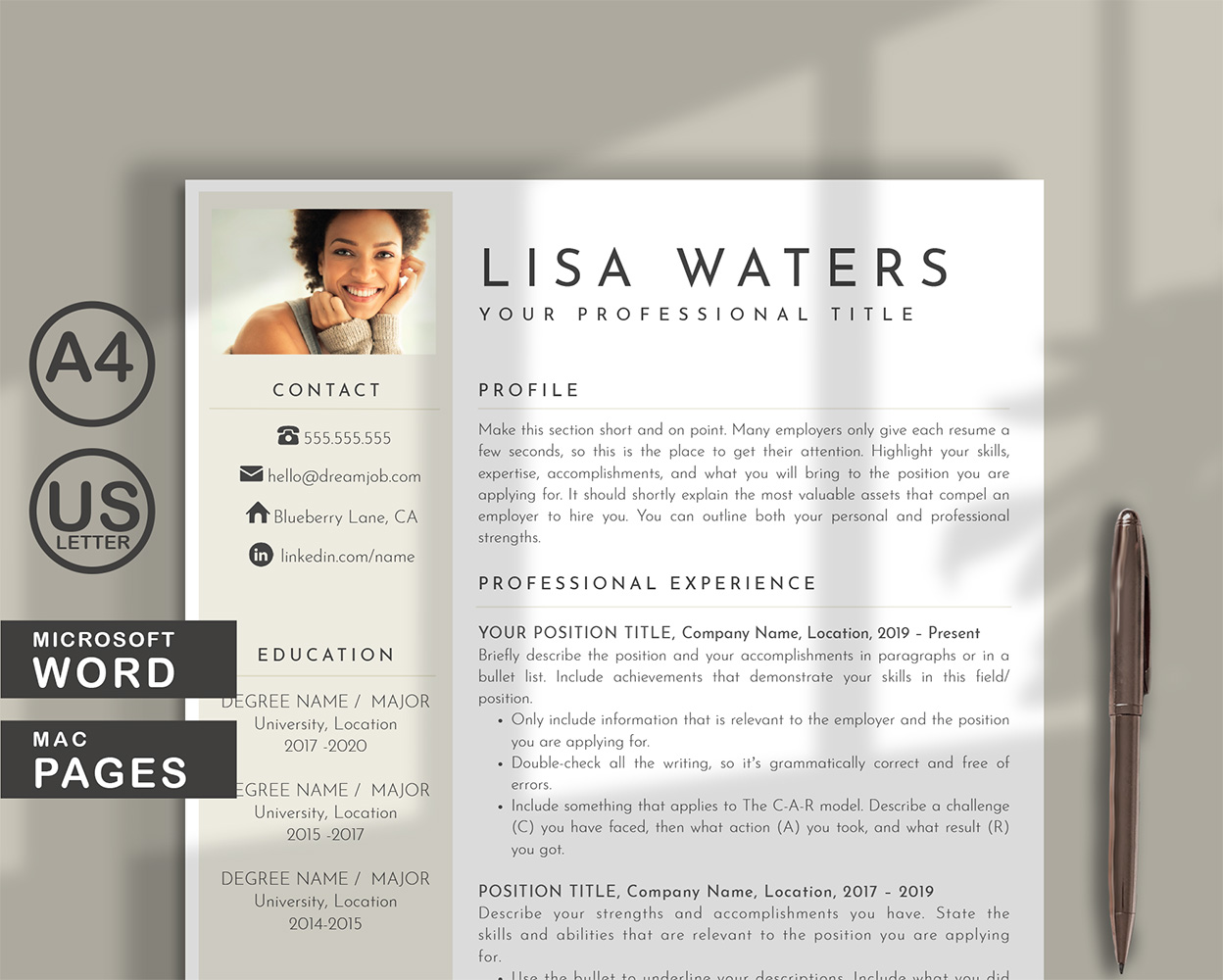 Lisa Waters Professional Resume Template for WORD and PAGES