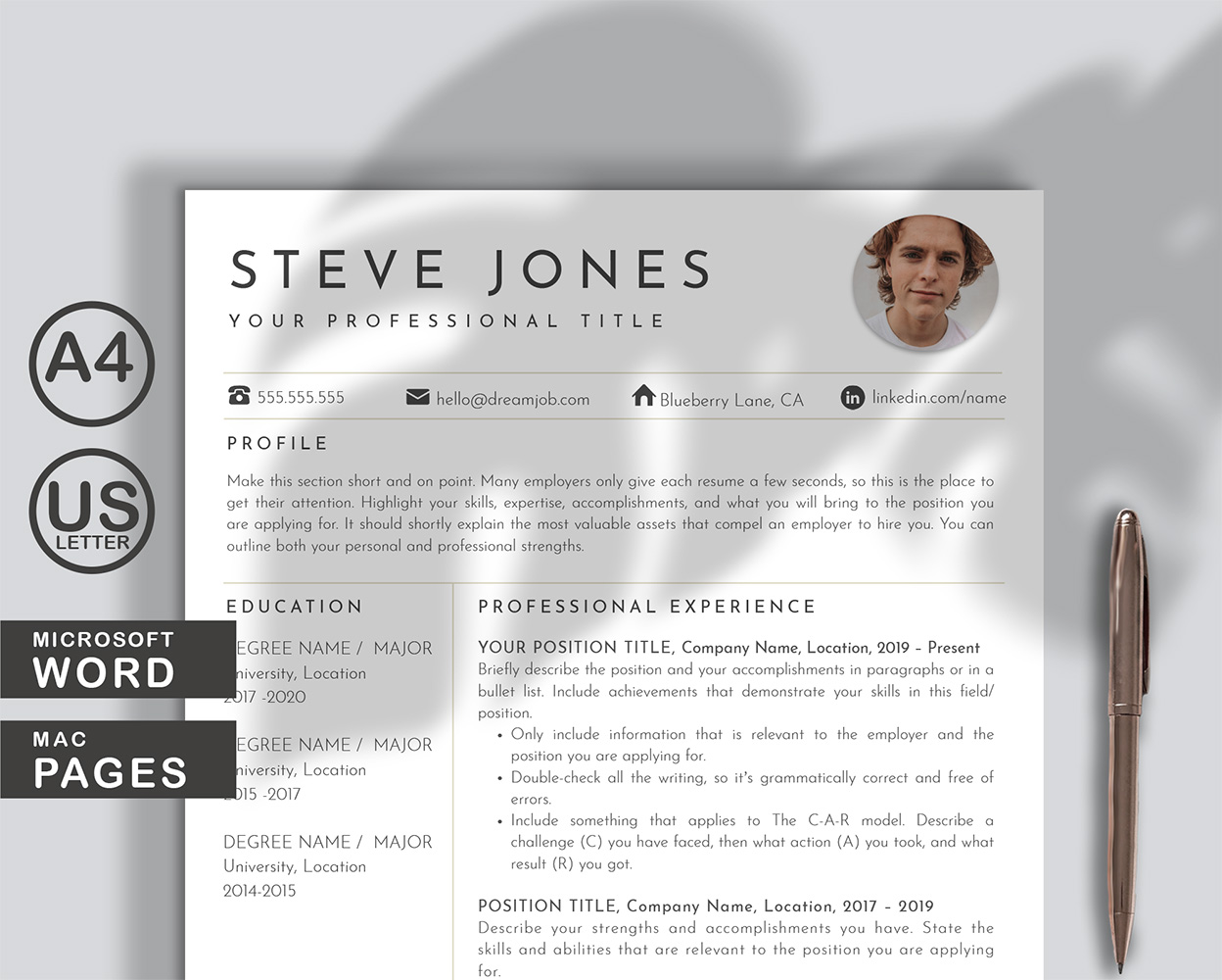 Steve Jones Resume Template Word and Pages with  Photo