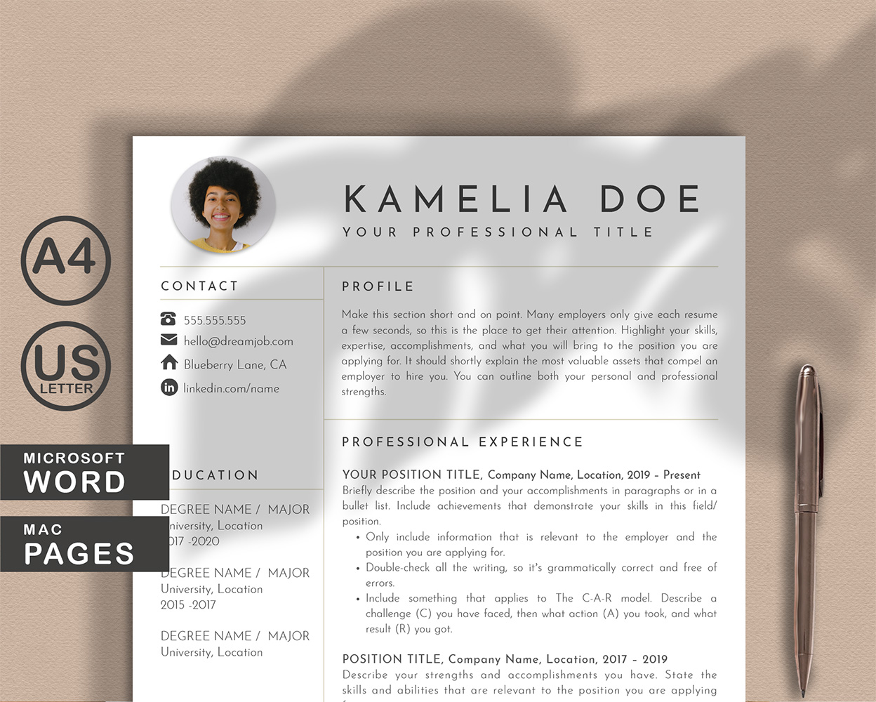 Kamelia Doe Resume Template Word and Pages With Picture