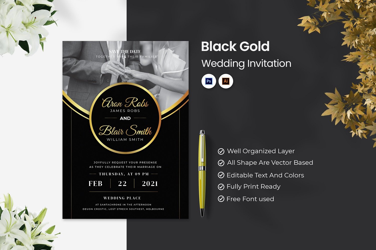 Black Gold Wedding Invitation