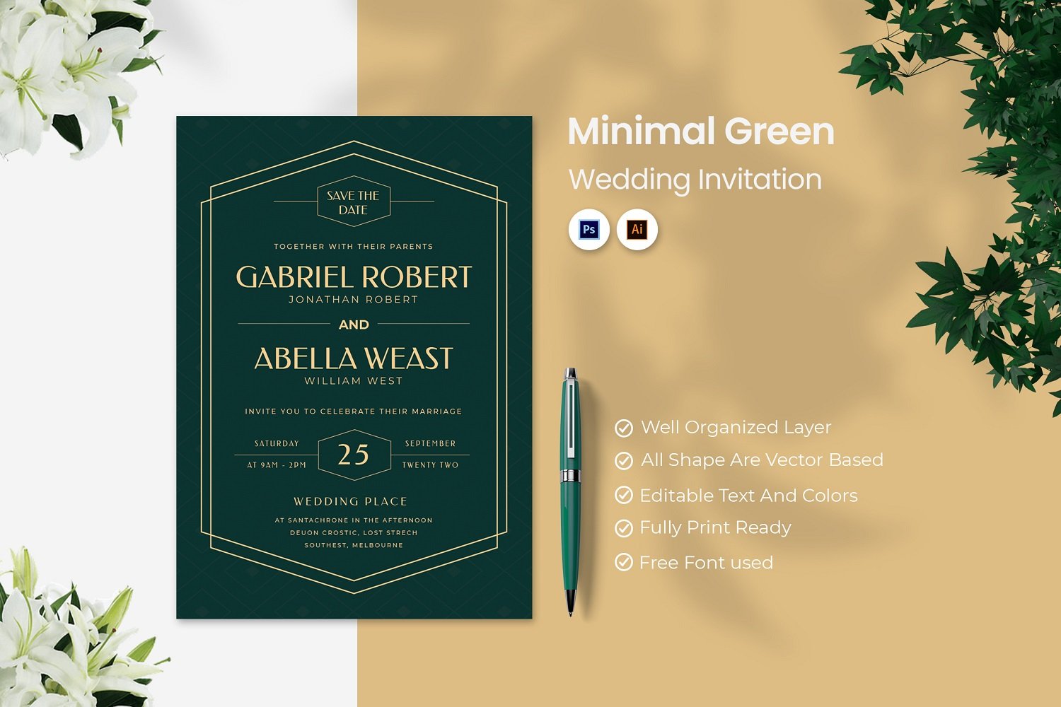 Minimal Green Wedding Invitation