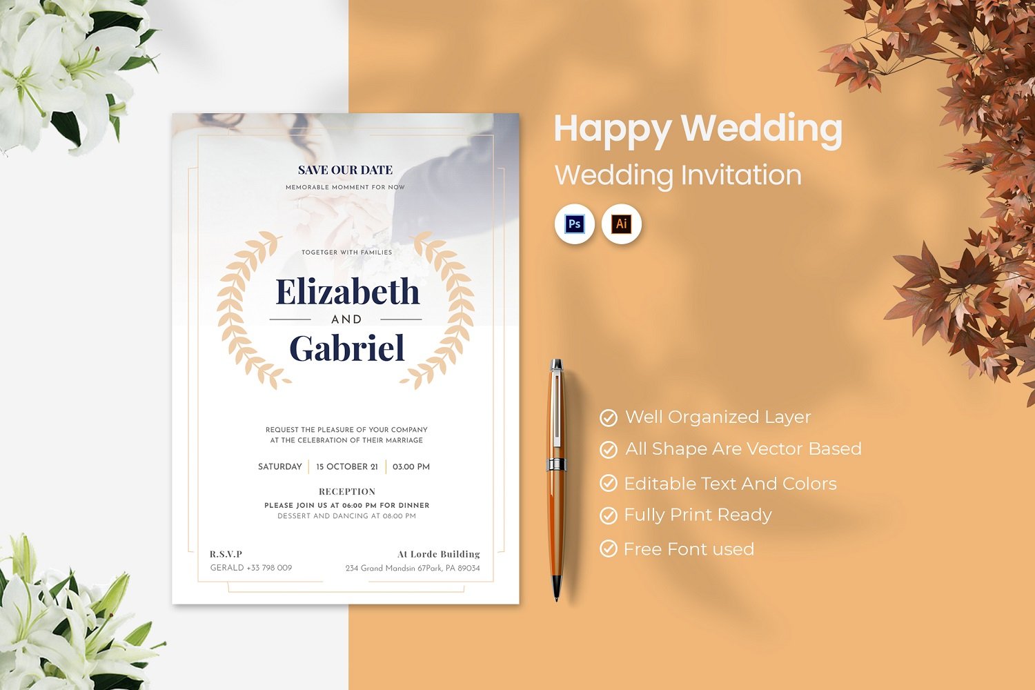 Happy Wedding Invitation Print Template