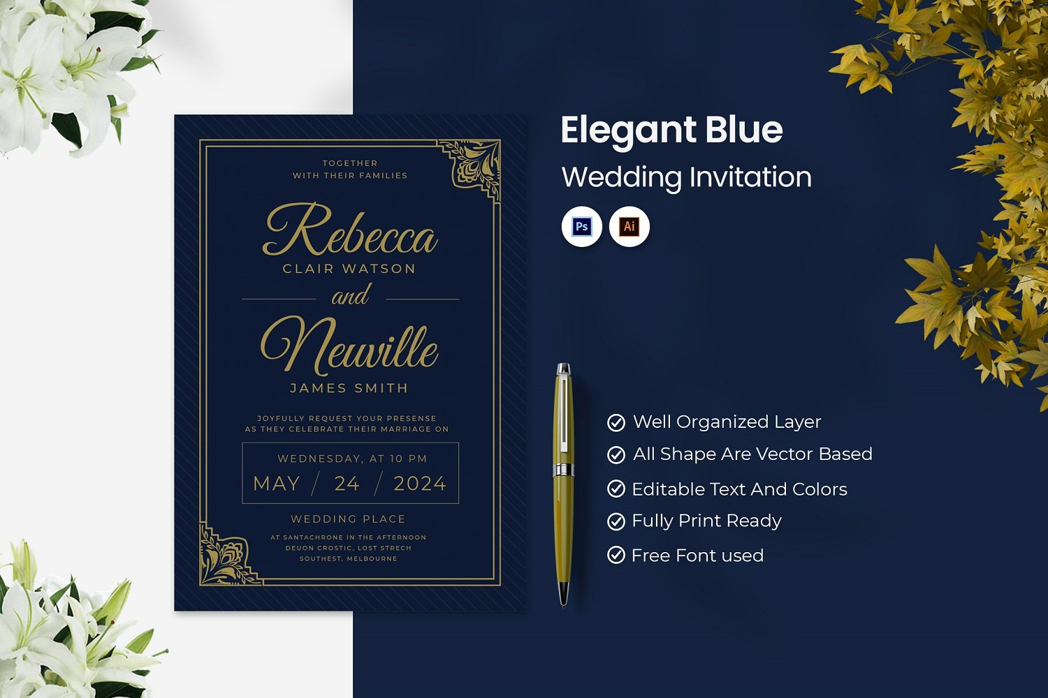 Elegant Blue Wedding Invitation