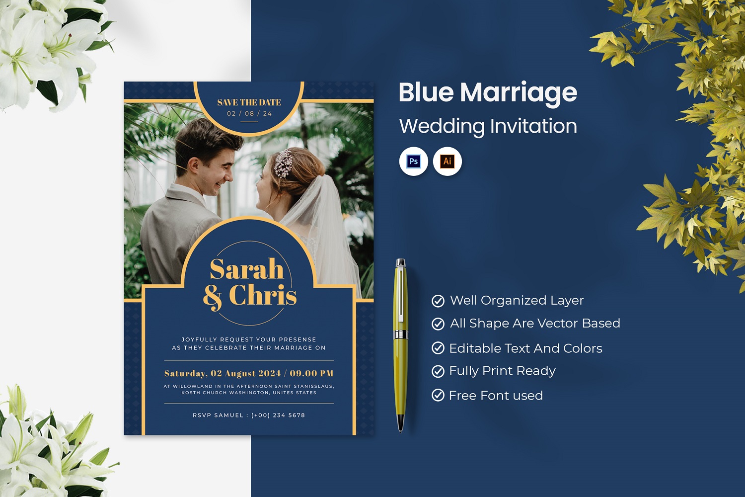 Blue Marriage Wedding Invitation