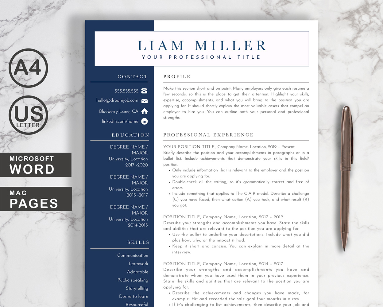 Liam Resume Template Word + Pages