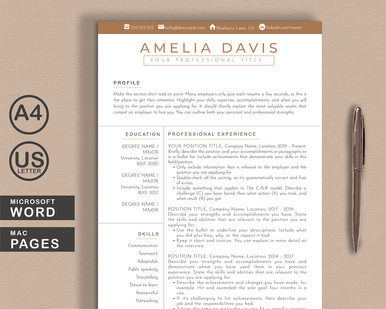 Amelia Resume Template Word + Pages