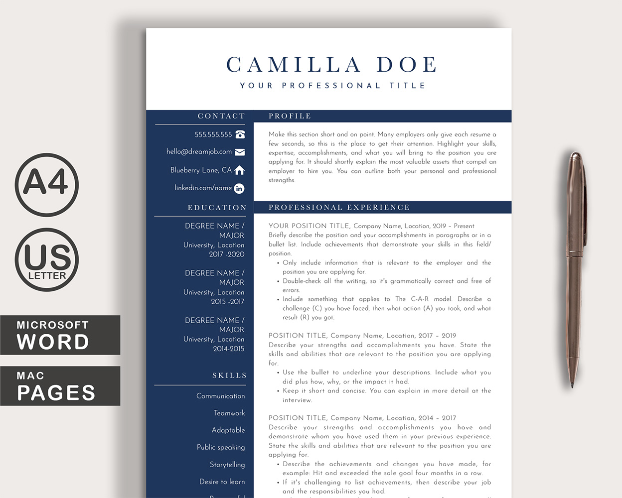 Camilla Resume Template Word + Pages