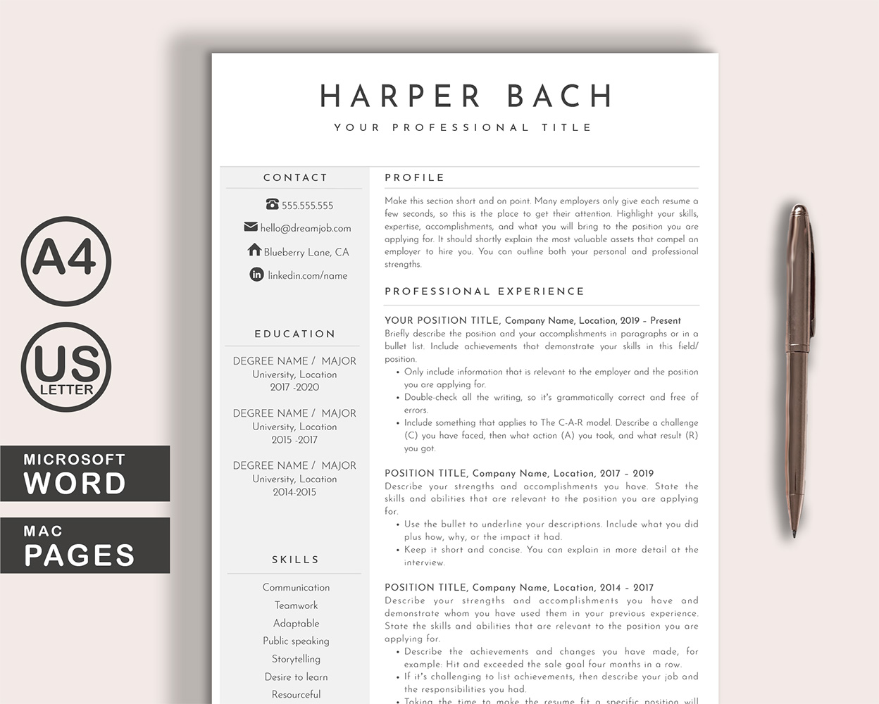 Harper Resume Template Word + Pages