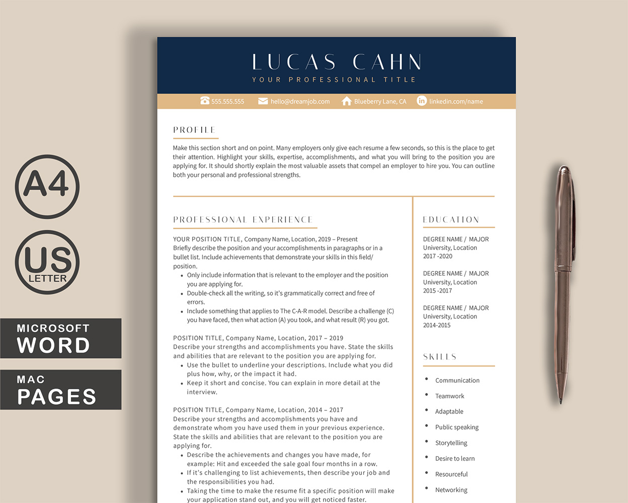 Lucas Resume Template Word + Pages