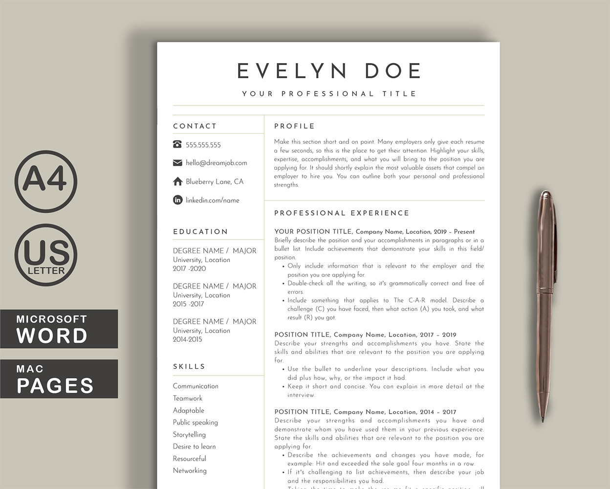 Evelyn Word Pages Printable Resume Templates