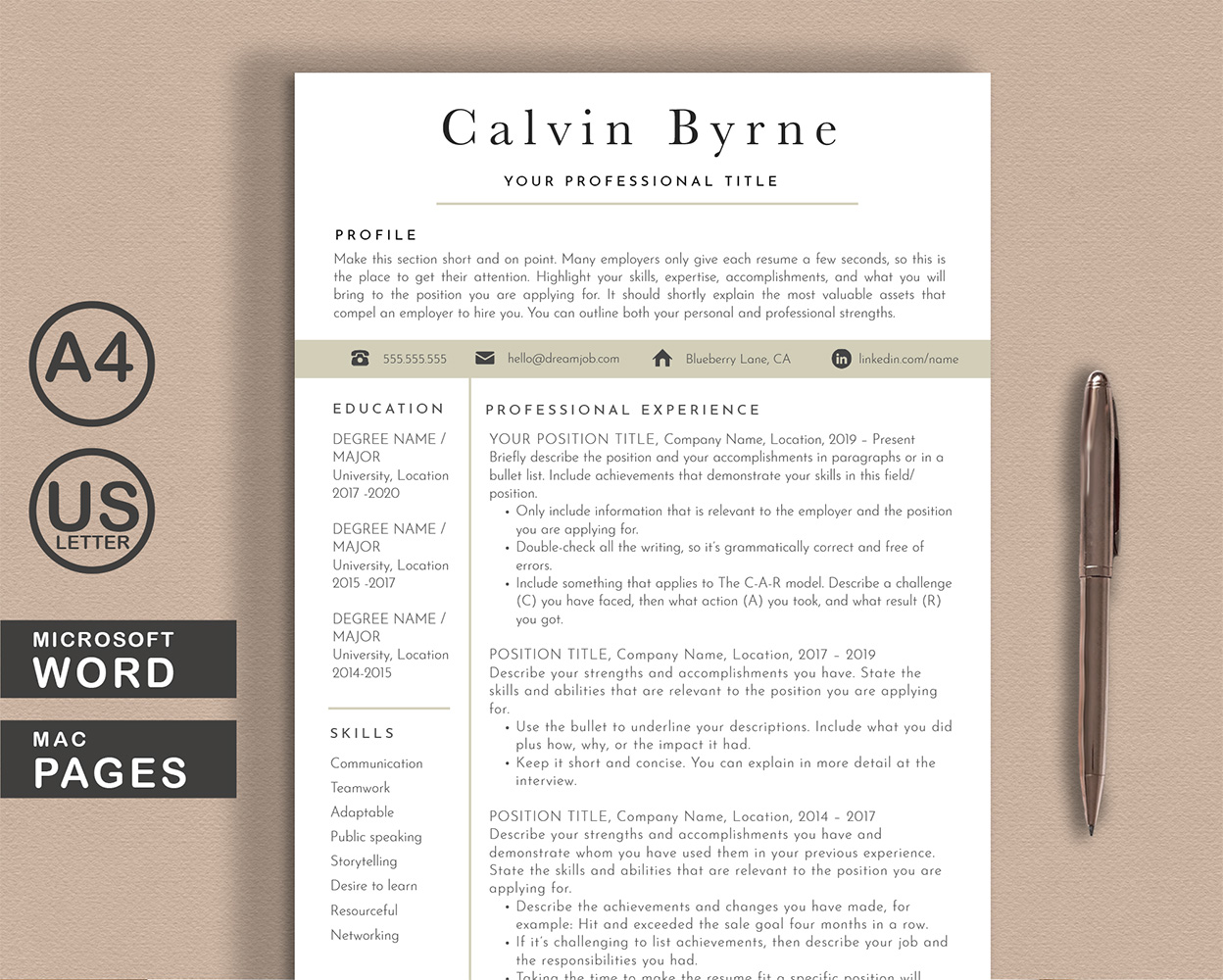 Calvin Word Pages Printable Resume Templates