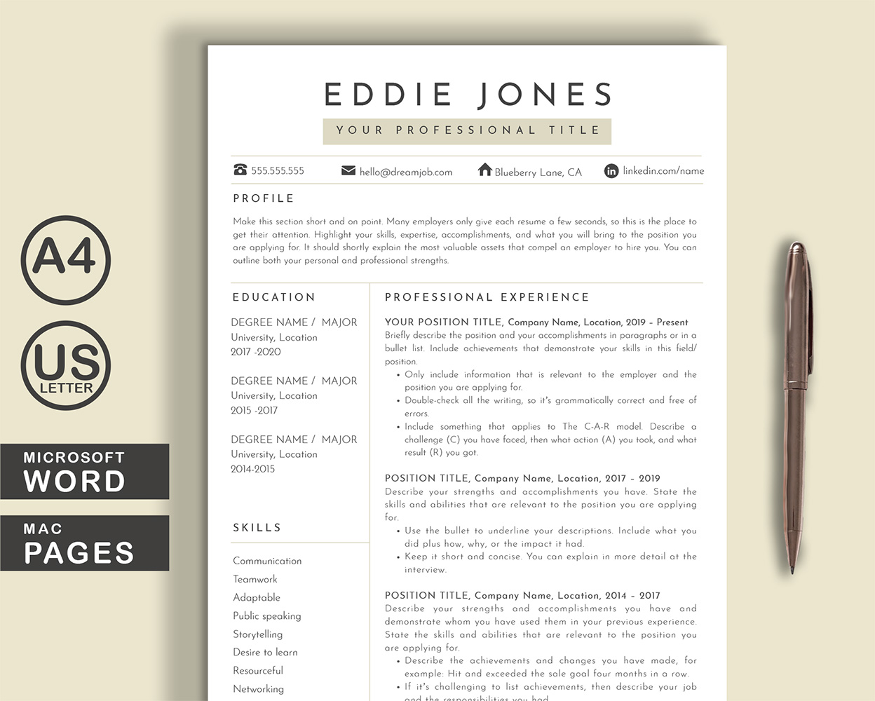 Eddie Word Pages Printable Resume Templates