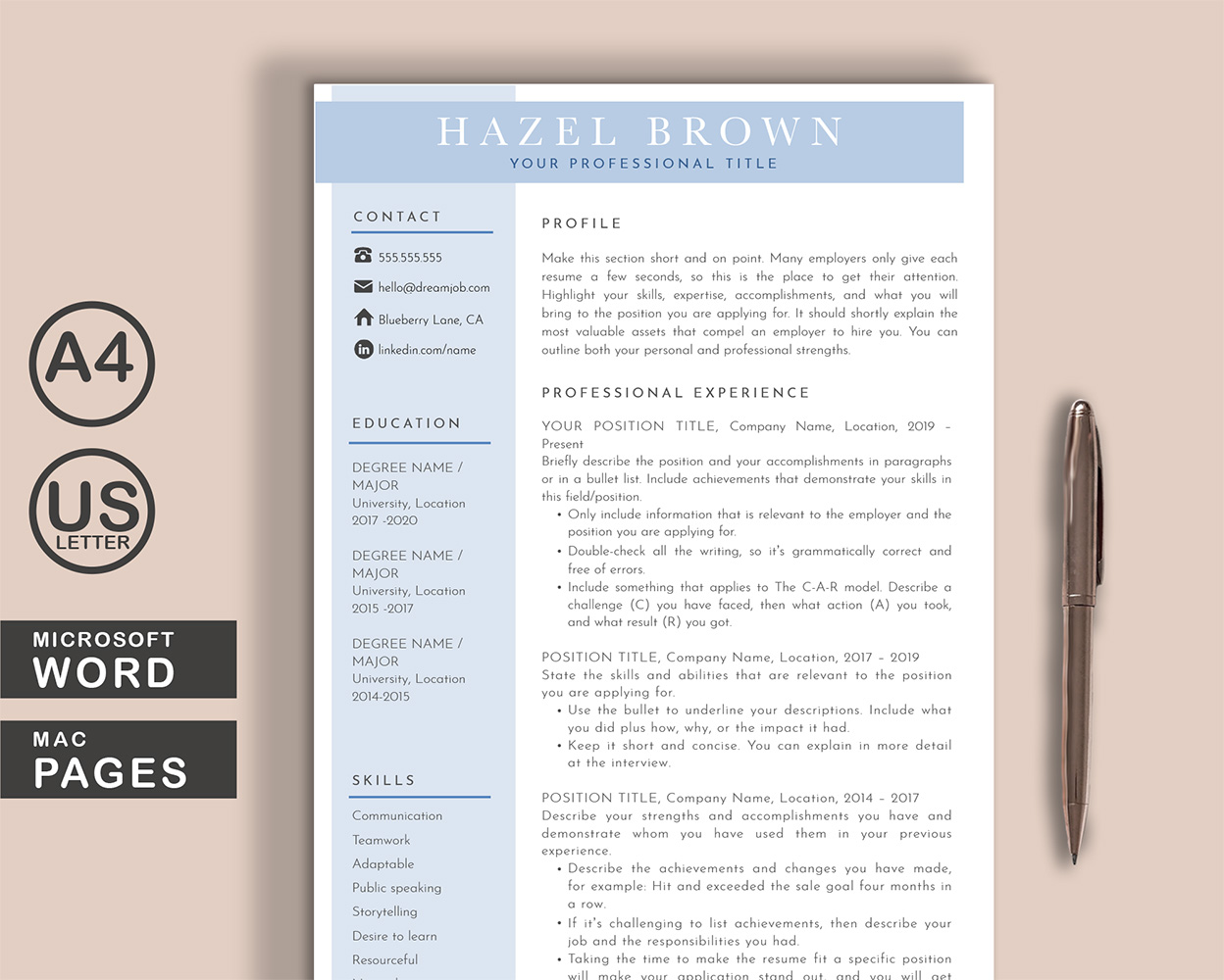 Hazel Word Pages Printable Resume Templates