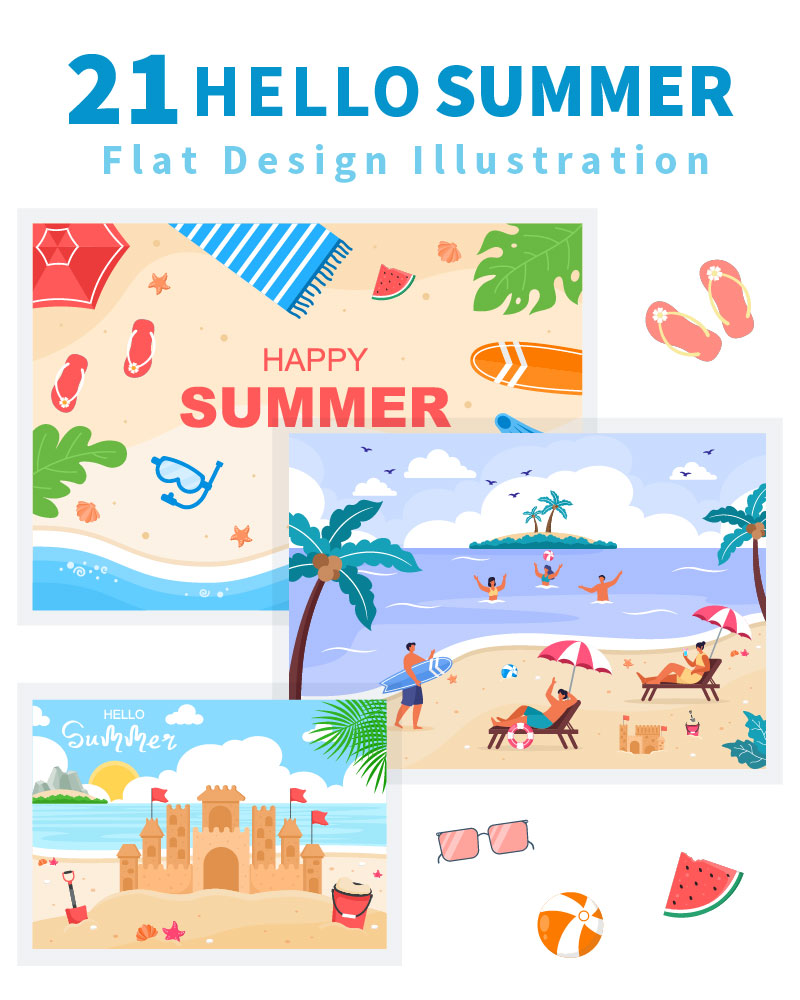 21 Happy Summer Time in Beach Illustration