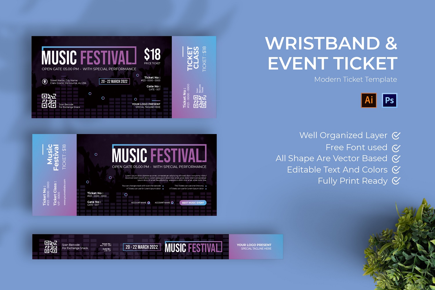 Festival Music Ticket Print Template