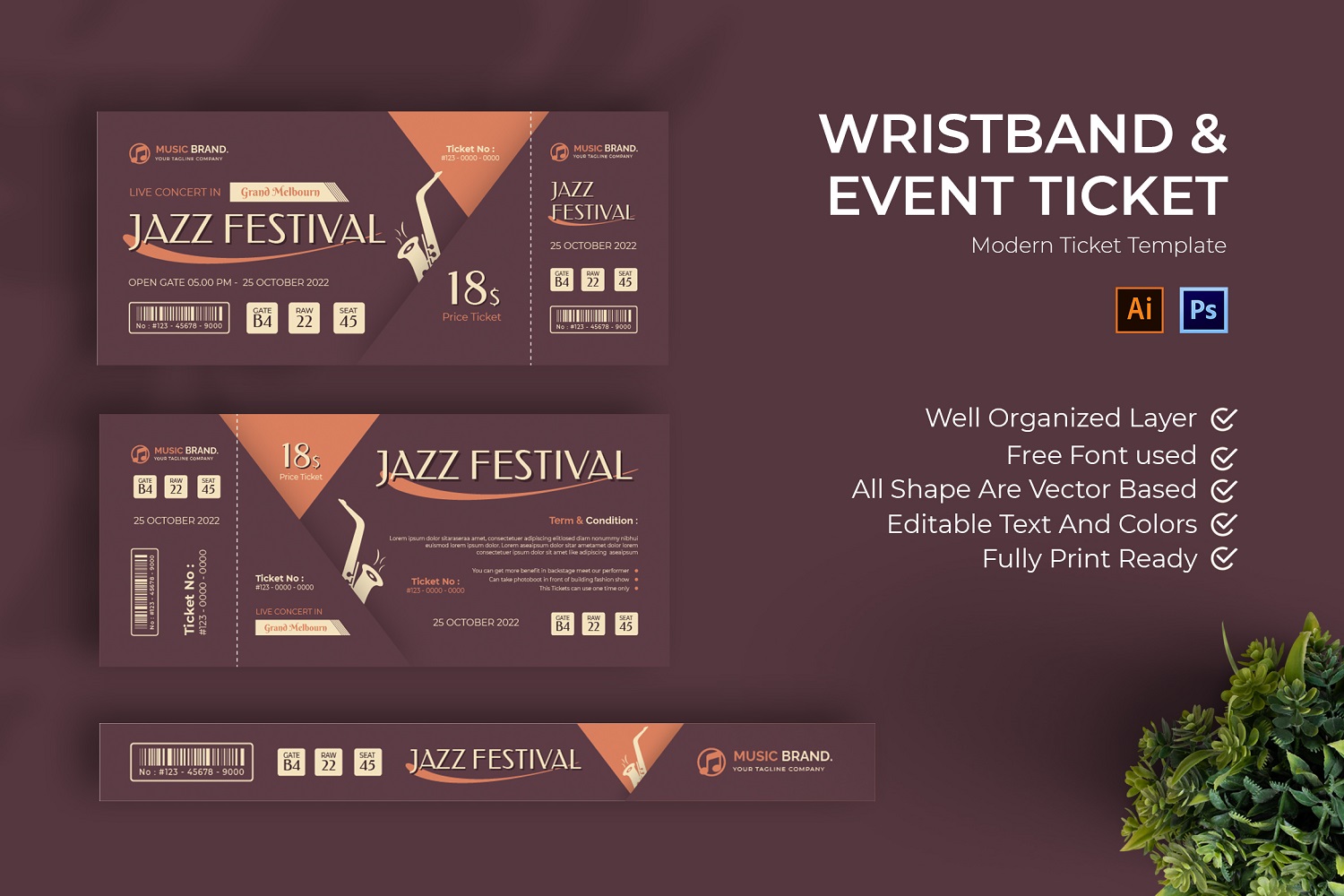 Jazz Festival Ticket Print Template