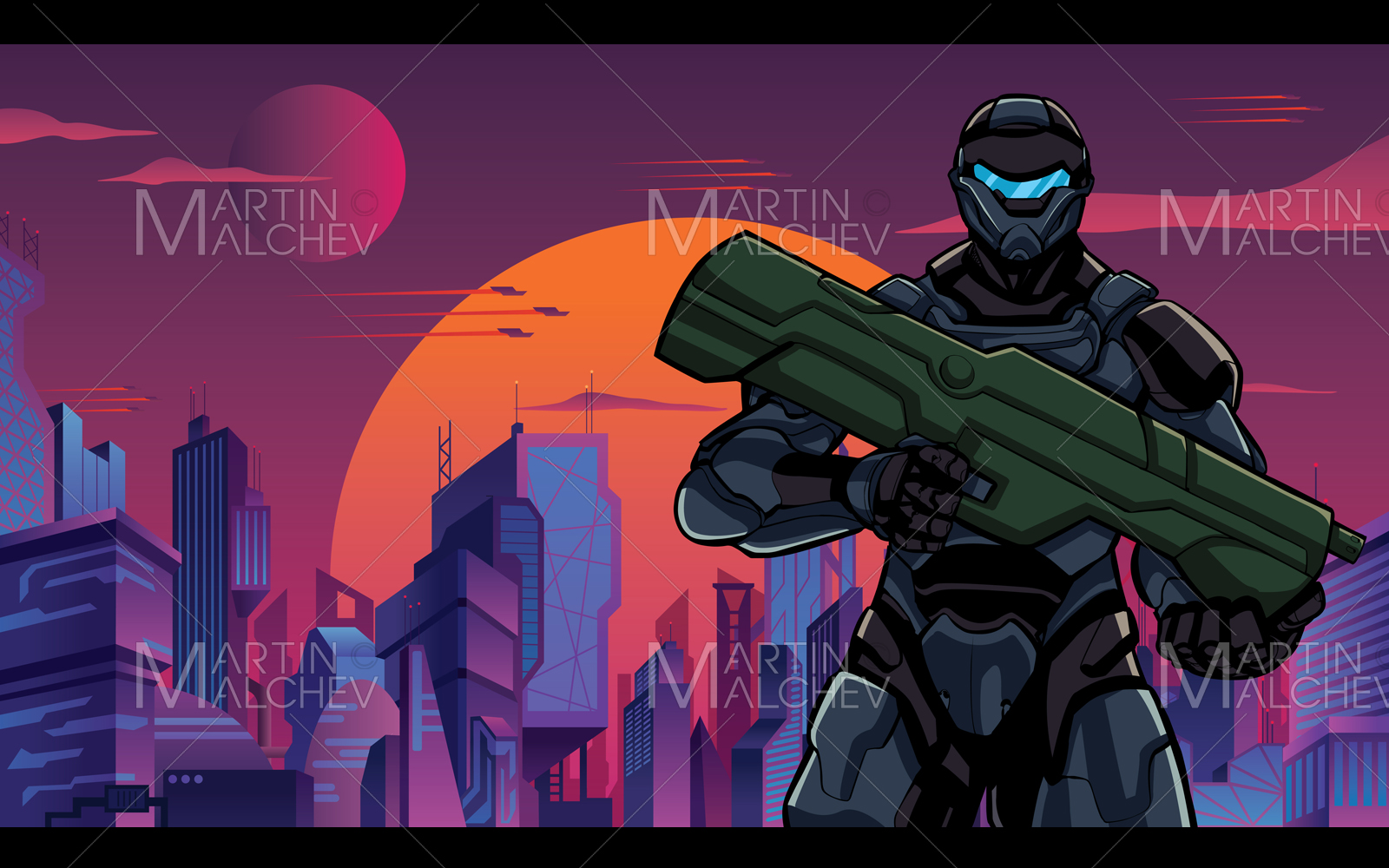 Futuristic Soldier in City Close-up Vector Illustration.