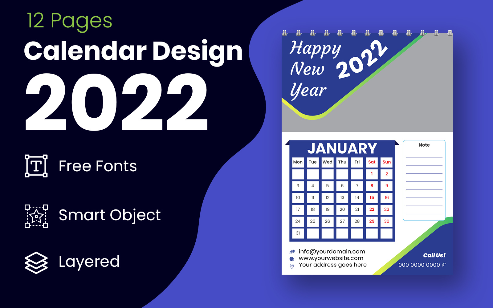 New Year 2022 Red & Black Calendar Design Template Vector Planner