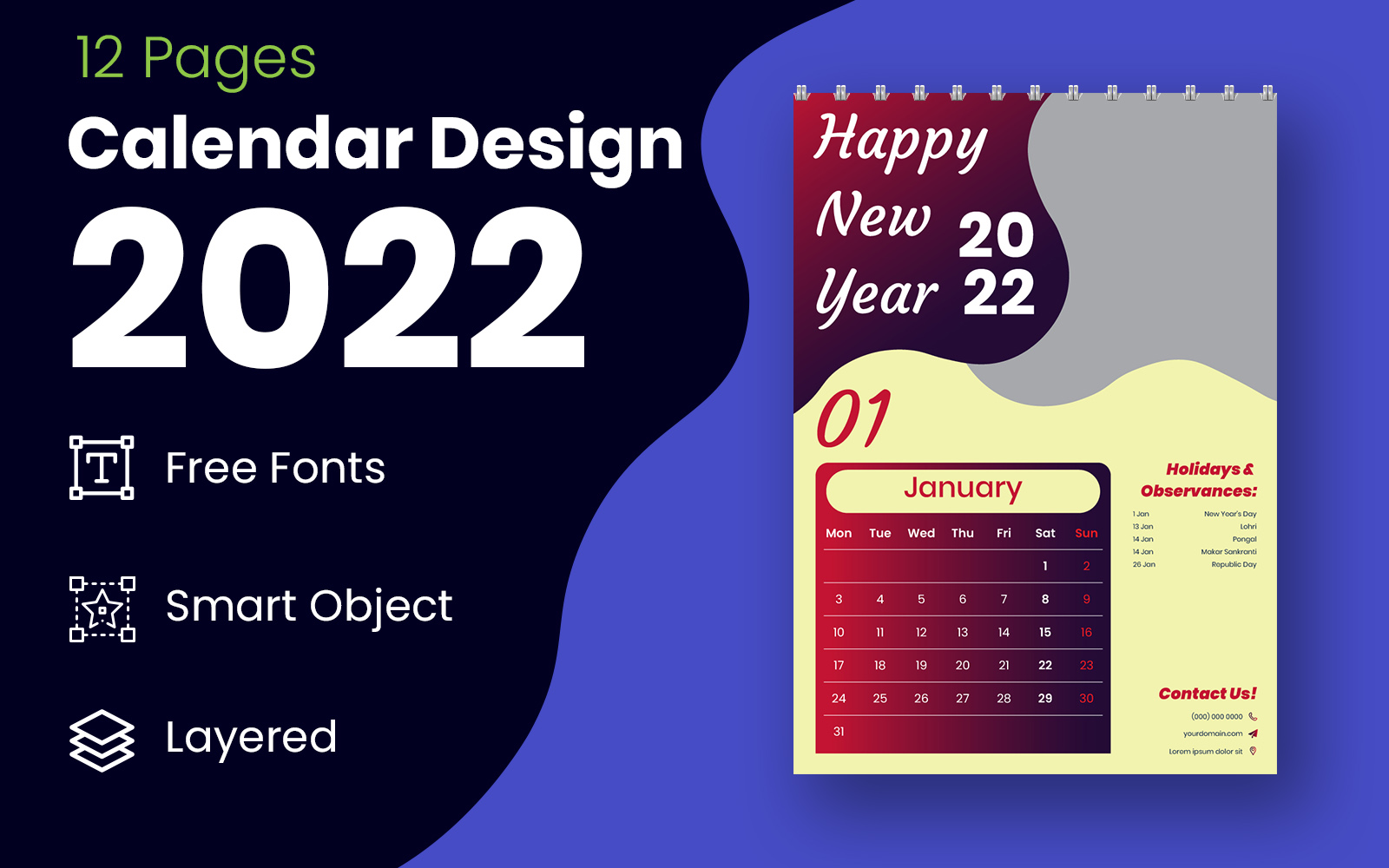 Red & Black 2022 Calendar Planner Design Template Vector