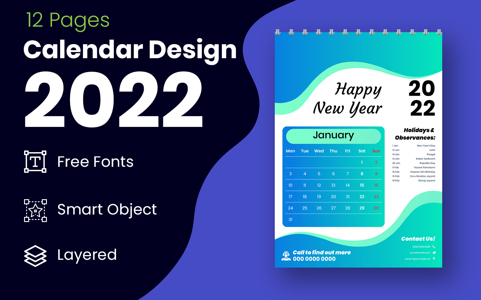 Geometric Style Blue & Black 2022 Calendar Planner Design Template Vector