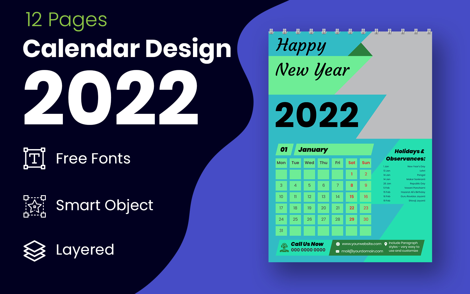 Geometric Style Green  2022 Calendar Design Template Vector Planner