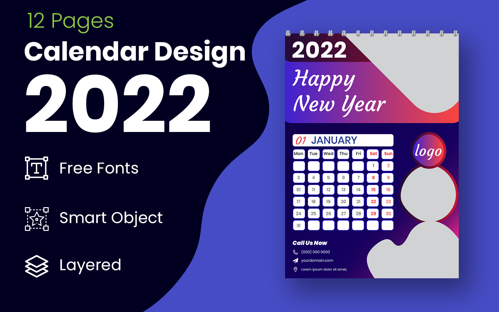 New Year 2022 Blue & Black Calendar Design Template Vector
