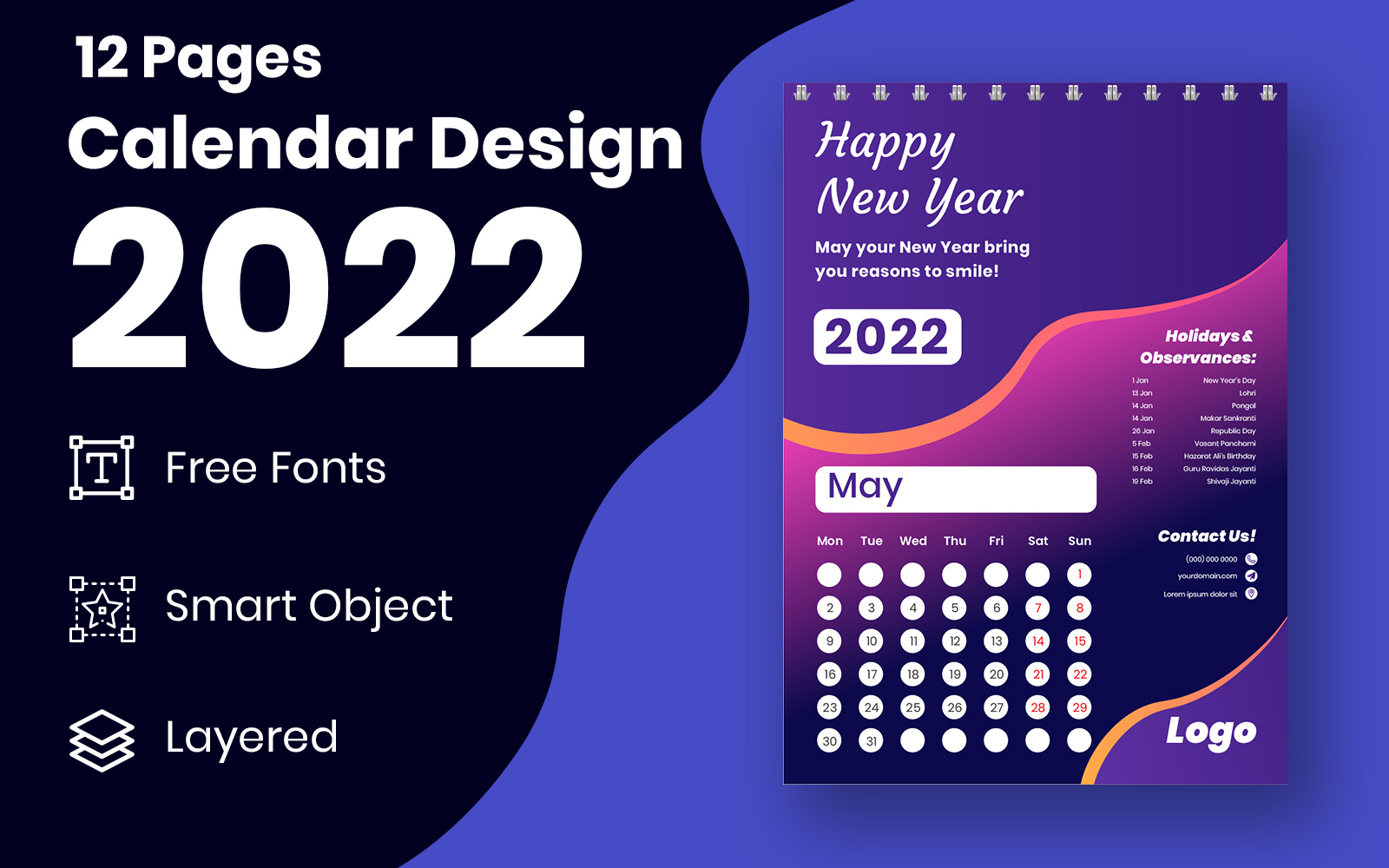 Clean 2022 New Year Calendar Design With Holidays Template Vector