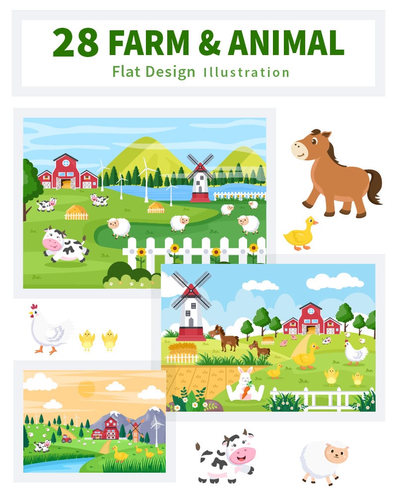 28 Cute Cartoon Farm Animals Illustration