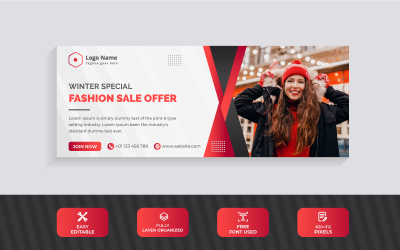 Winter Sale Offer Facebook Cover Design Template With Red Color Scheme