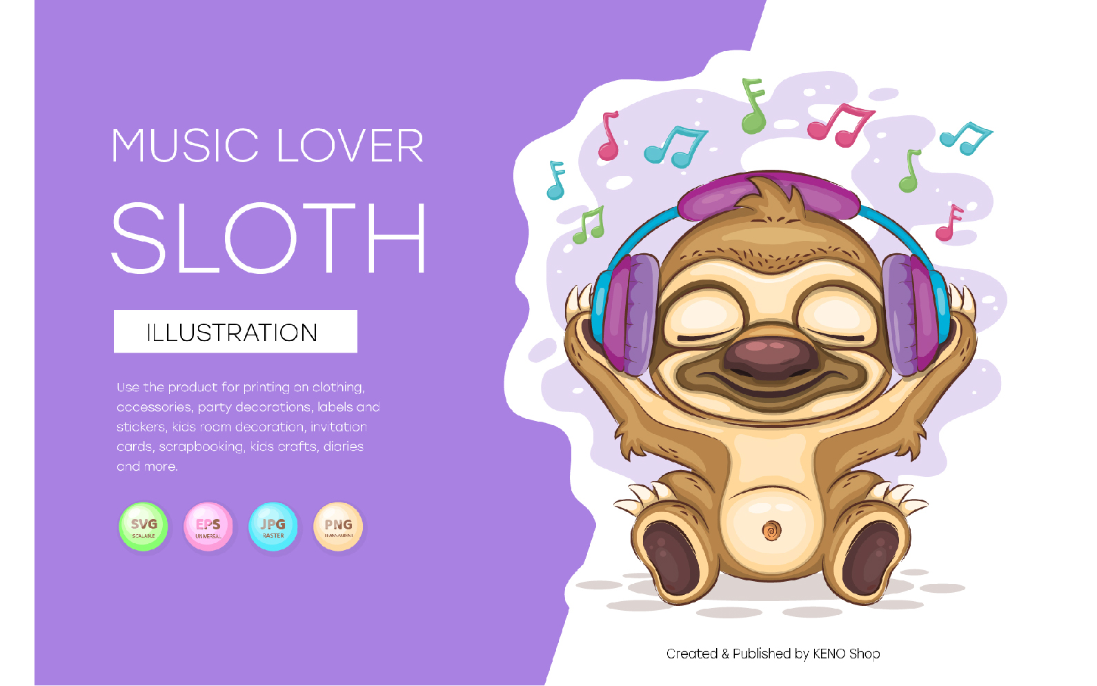Sloth Music Lover, Cute Clipart, Vector