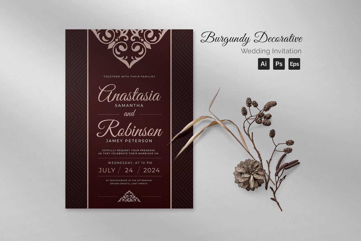 Burgundy Decorative Wedding Invitation