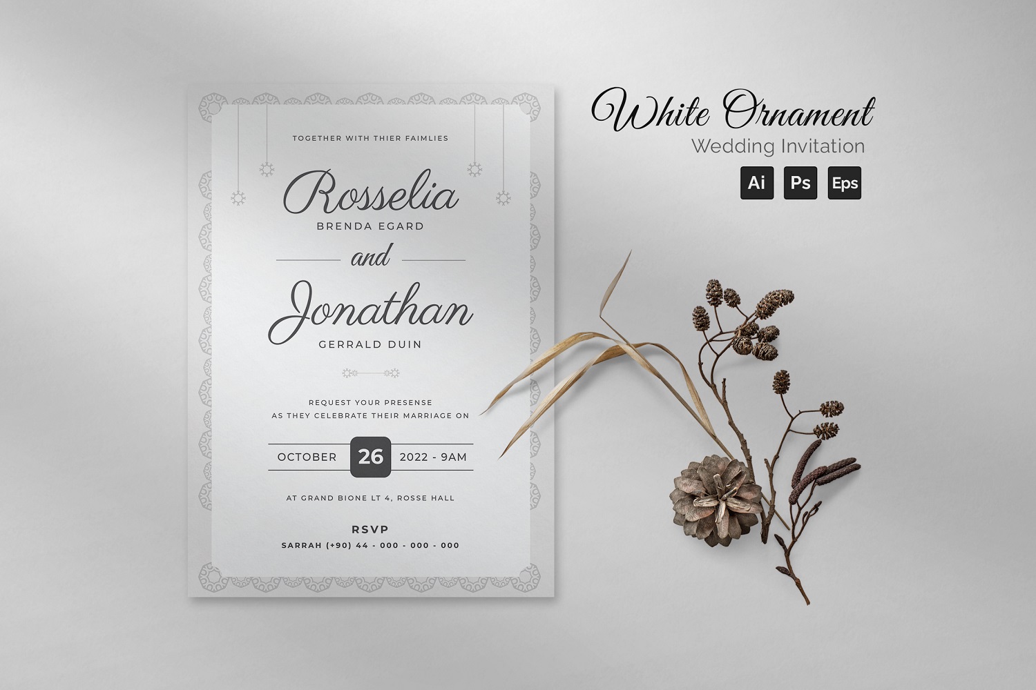 White Ornament Wedding Invitation