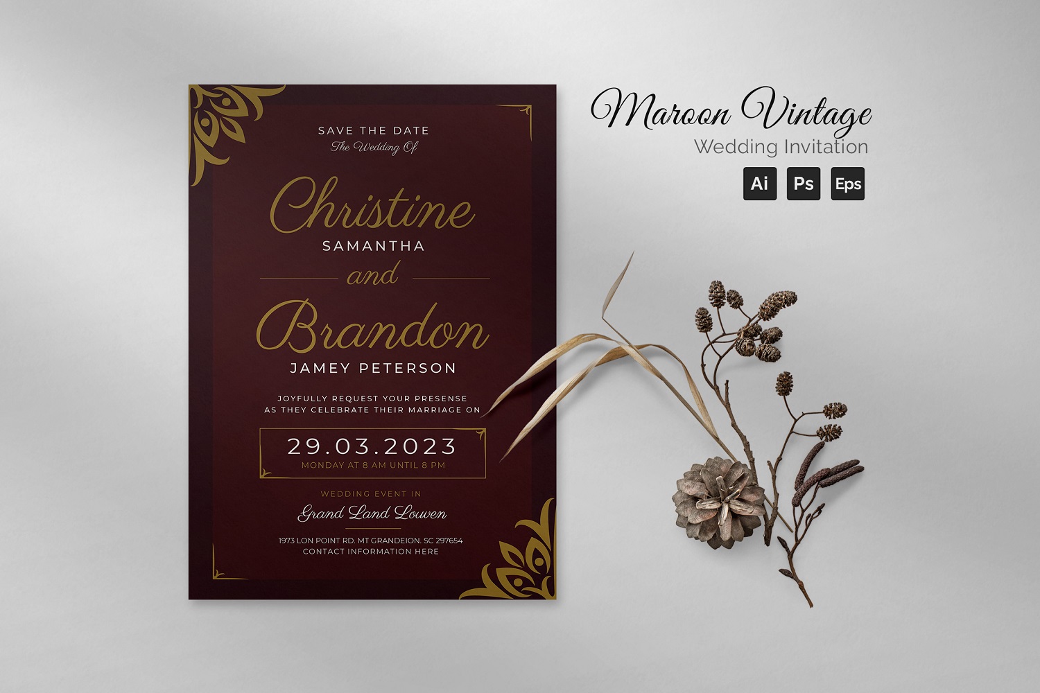 Maroon Vintage Wedding Invitation