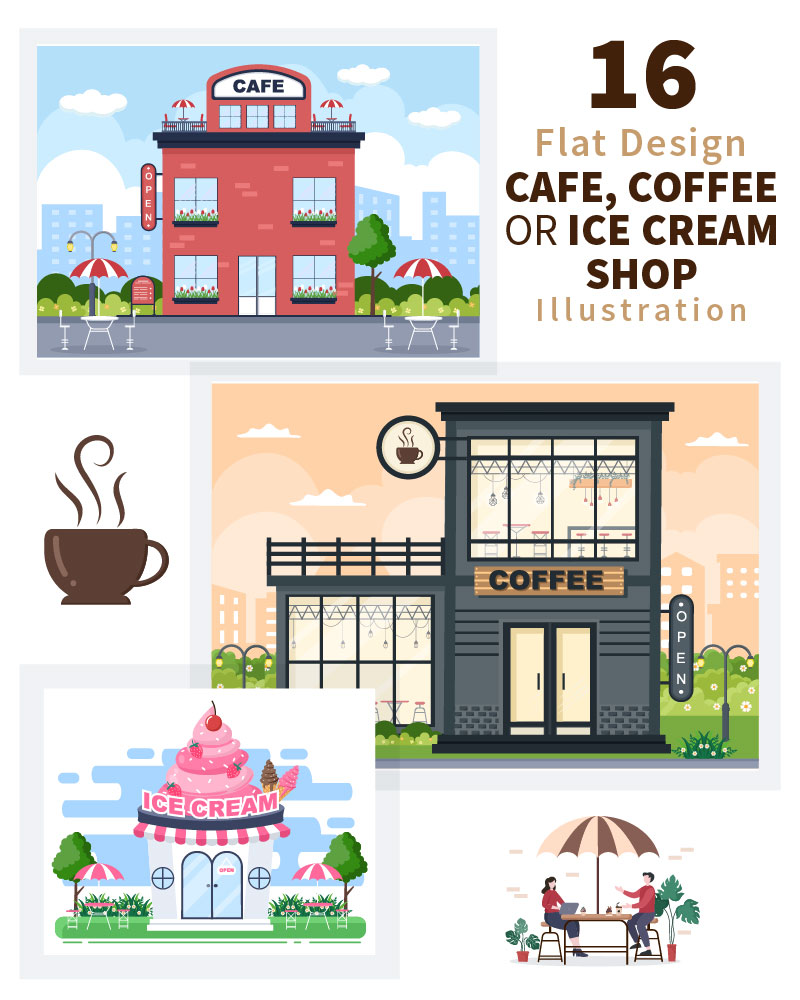 16 Coffeehouse, Cafe or Ice Cream Shop Illustration