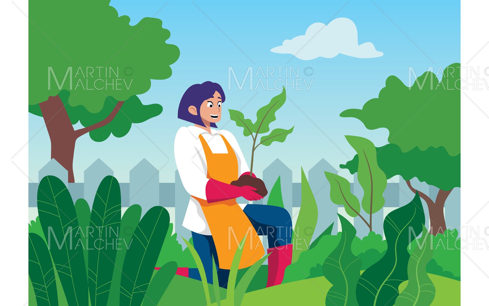 Working in the Garden Vector Illustration