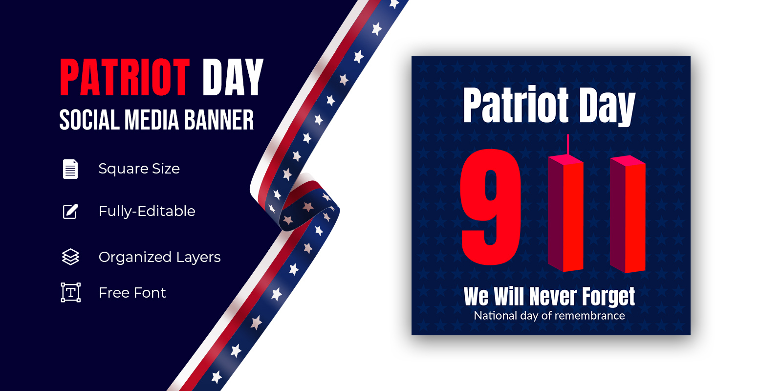 Patriot Day September 11, 2001 Banner We Will Never Forget 9/11 Social Media