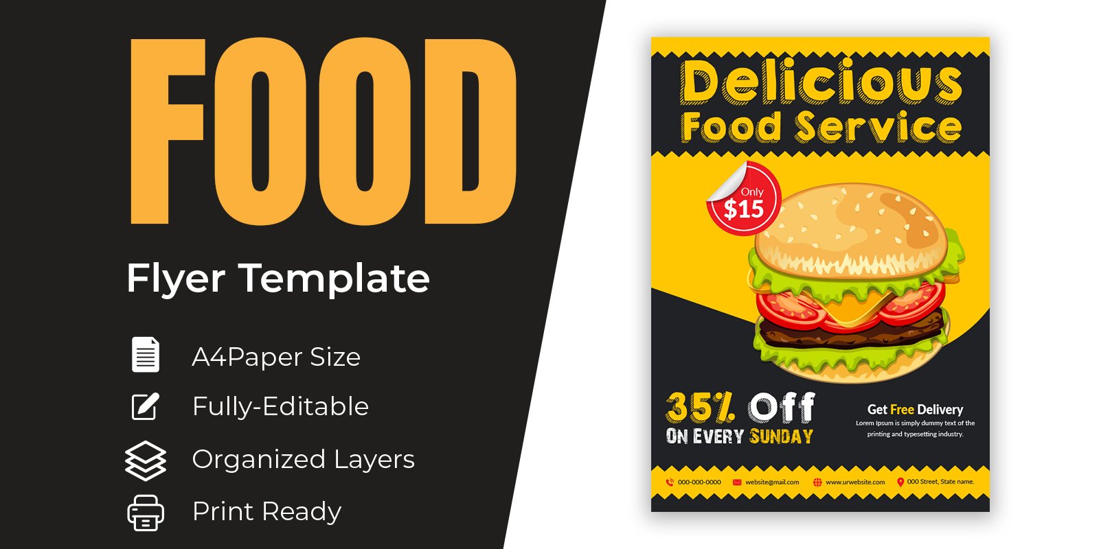 Delicious Food Service In Town Flyer Template Design