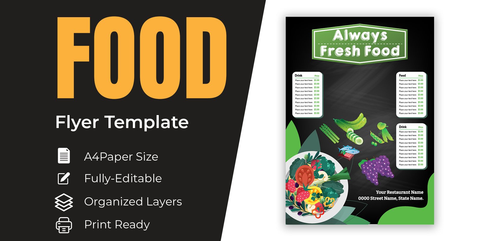 Fresh Food And Green Color Restaurant Menu Template