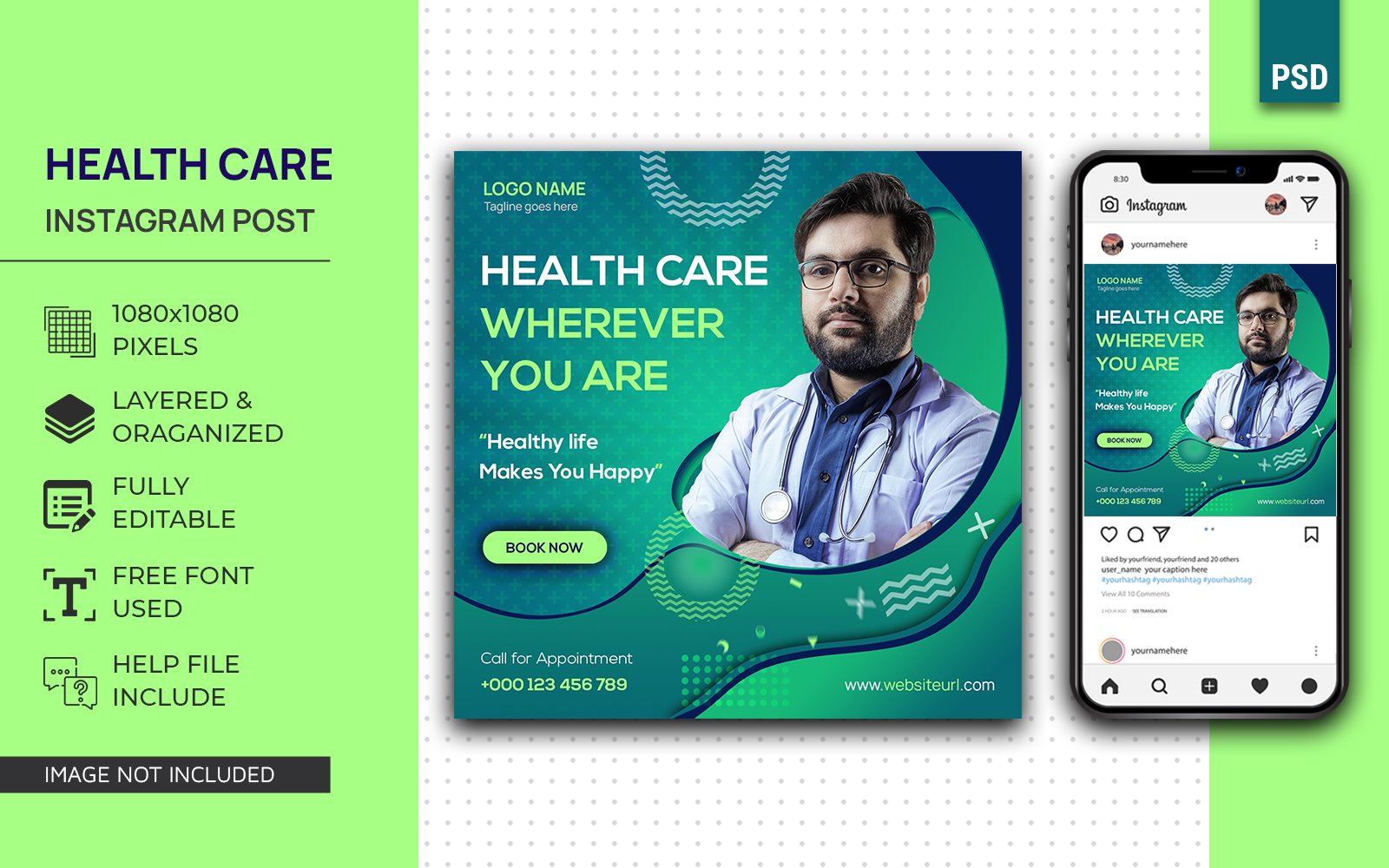 Healthcare Social Media Post Design Instagram Template for Doctor, Clinic