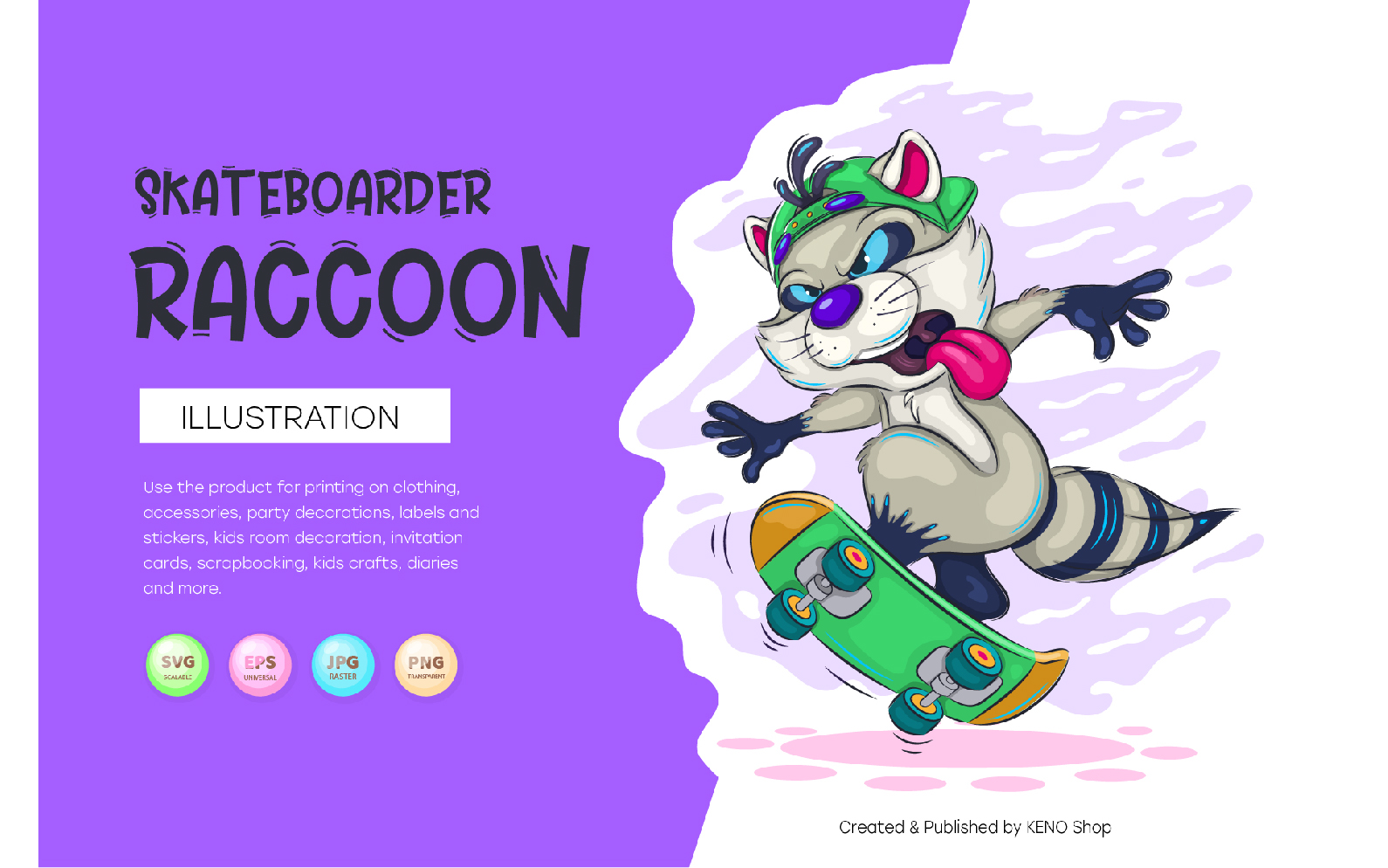 Cartoon Raccoon Skateboarder. Vector