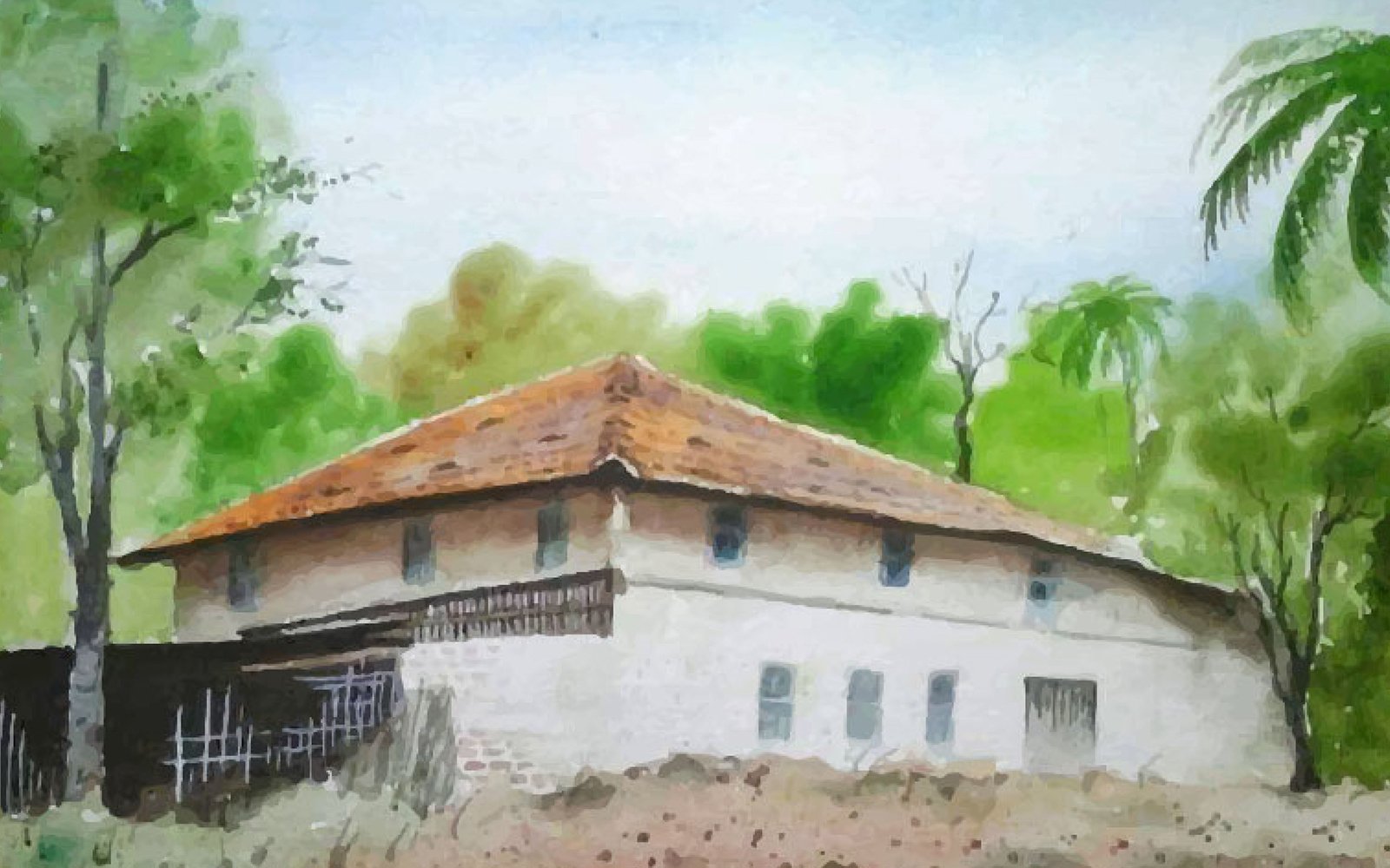 Watercolor  A House I Garden  With Beautiful Moment Hand Drawn Illustration