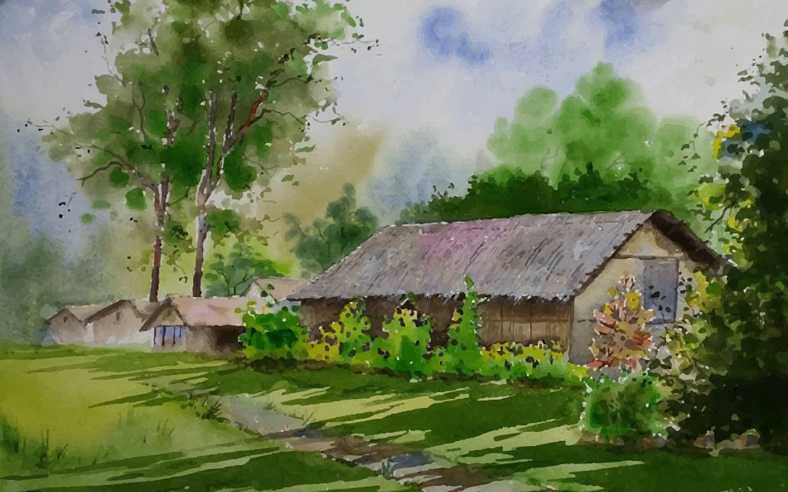 Watercolor In Village Beautiful House Winter Morning Hand Drawn Illustration