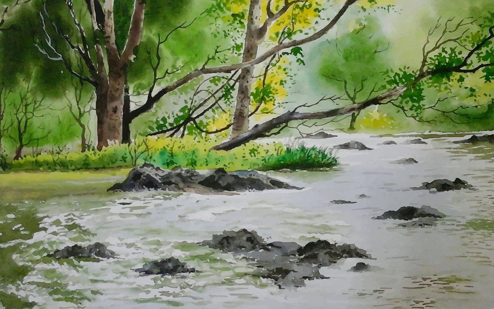 Watercolor In Village Beautiful Flood  Hand Drawn Illustration Art