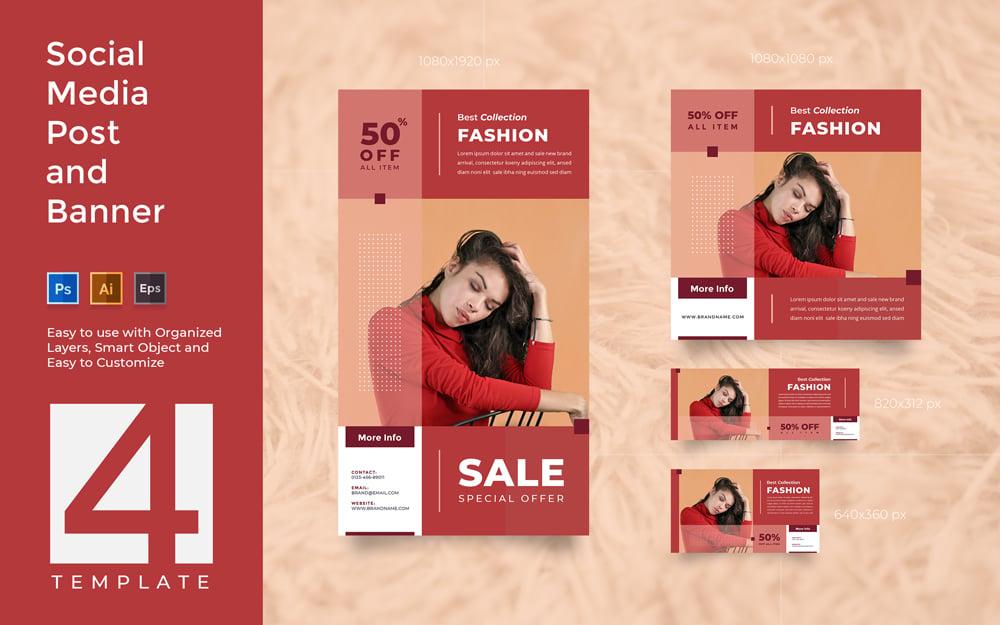 Modern Red Fashion Sale - Social Media Post And Banner Template